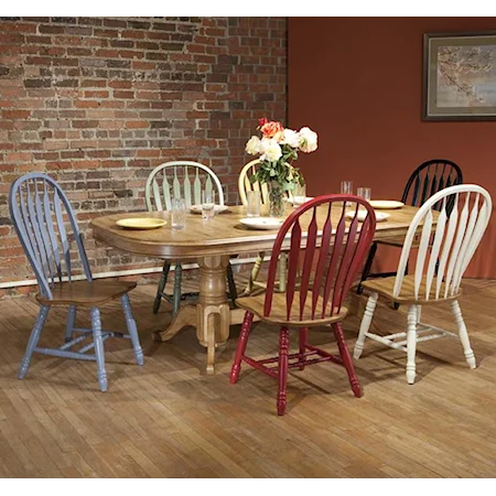 Solid Oak Double Pedestal Dining Table with Color Side Chairs
